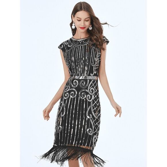 ✨ Flapper Great Gatsby Roaring 1920s Retro Tassel Fringe Sequin Dress NEW - Picture 4 of 17